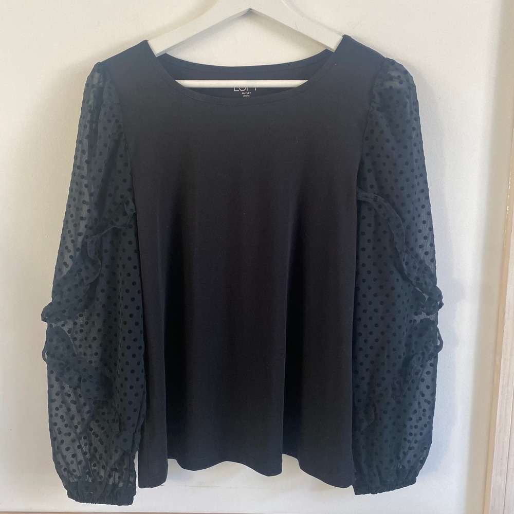 LOFT Women Petite Black Sheer Polka Dot Ruffle Sleeve Long Sleeve Blouse Size SP